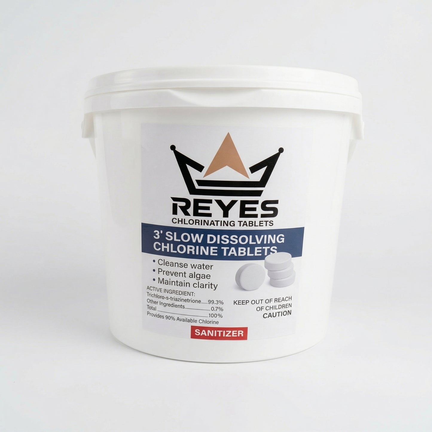 Reyes 3-inch slow dissolving chlorine tablets 10 lb bucket for residential and commercial swimming pools