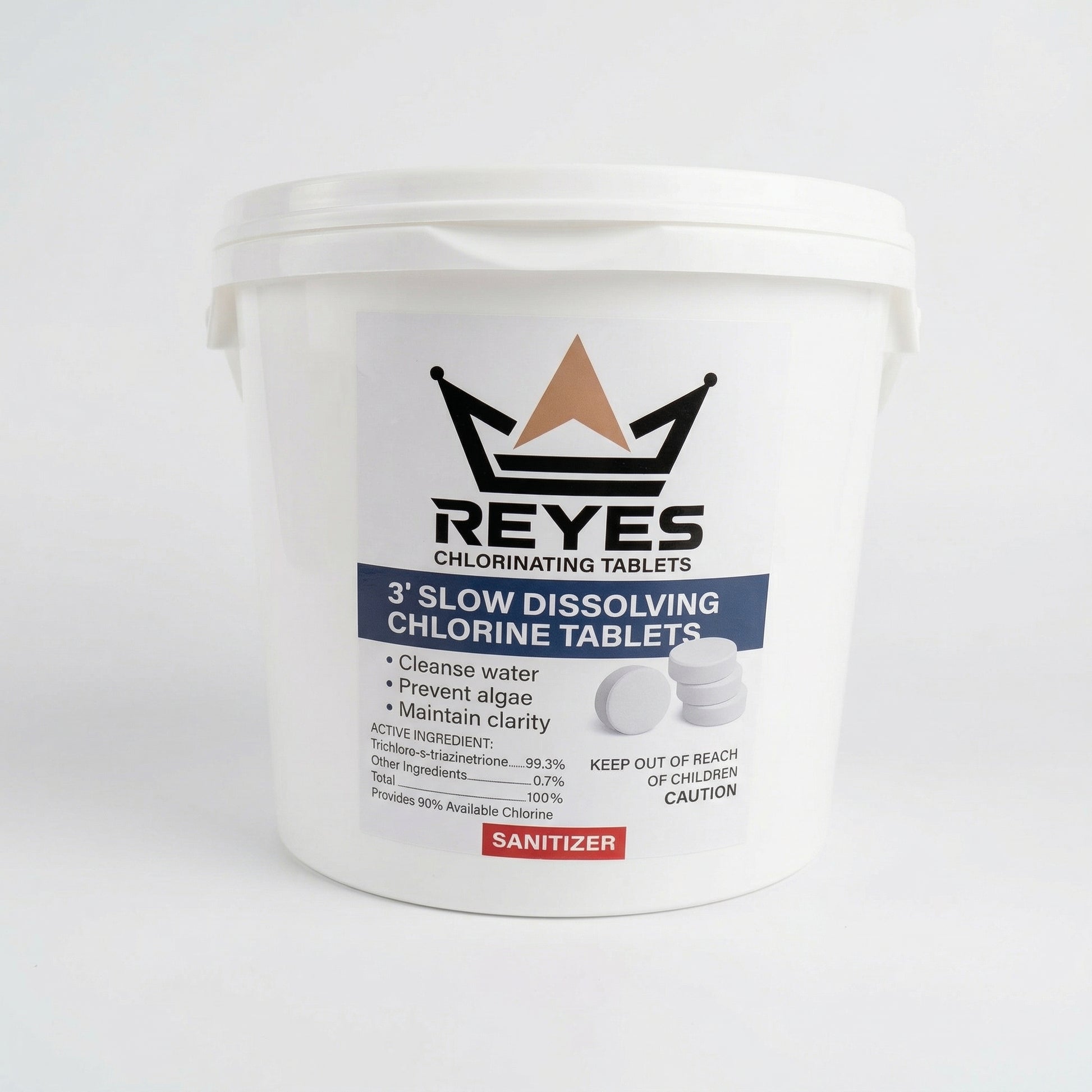 Reyes 3-inch slow dissolving chlorine tablets 10 lb bucket for residential and commercial swimming pools